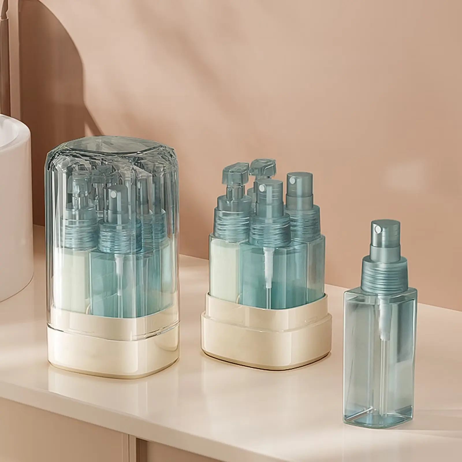 4-in-1 Refillable Travel Toiletries Dispenser Set Pack - Plastic Storage Containers, 4-Piece Compact Storage Bottles for Shampoo, Lotion, Liquids & Skincare