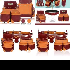 Maroon Leather Tool Belt for Men - Complete Rig Set with Pouch, Drywall Tools, Carpenter Bag, and Electrician Essentials