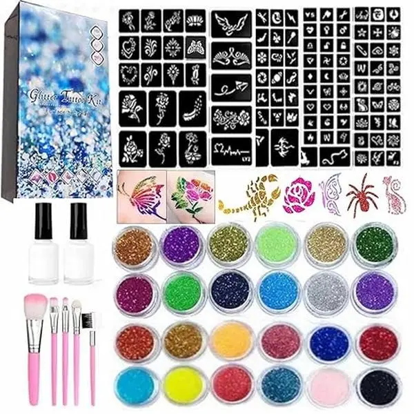 Temporary Glitter Tattoos Kit for Kids & Adults – 24 Body Glitter Colors, 187 Reusable Tattoo Stencils, 2 Body Glue, 5 Brushes, DIY Glitter Tattoo Set for Girls, Boys, Birthday Party Favors, Halloween Makeup, Festivals & Gifts