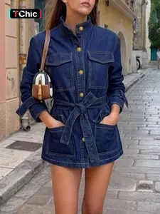 GILIPUR Women's Dark Blue Washed Stand Collar Denim Jacket, Gold Button Closure Belted Waist Multi Pockets Long Sleeve Jean Coat, Vintage Casual Streetwear Daily Commute Vacation Outfits for Women TChic