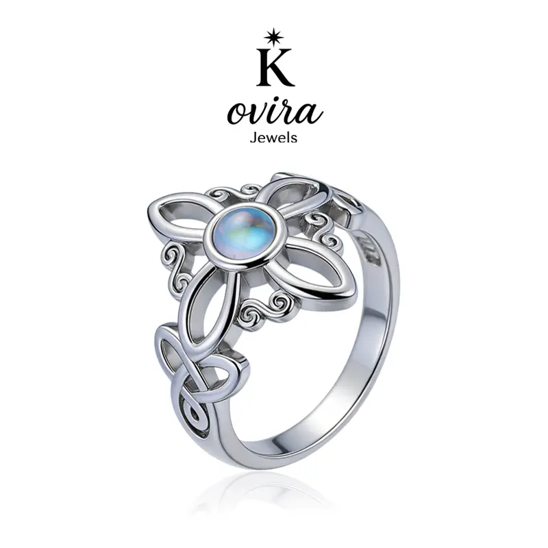 Kovira S925 Sterling Silver Fairycore Vintage Moonstone Floral Celtic Witch Ring for Women Adults, Everyday Wear, Birthday Protection Gift