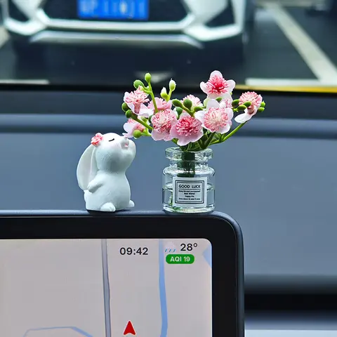 Cute Rabbit Jasmine Car Decor Ornament, with Traceless Adhesive Sticker, Healing Style Mini Vase & Perfume Design, Car Interior Desktop Decoration, Car Dashboard Decoration