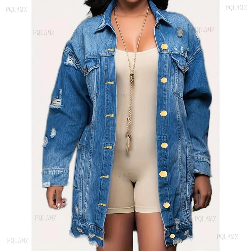 Women's Asian Bohemian Vibe Loose Oversized Long-Sleeve Denim Jacket - Lapel Collar, Fringe Trim, Snap Buttons, Dark Blue All-Season Outerwear
