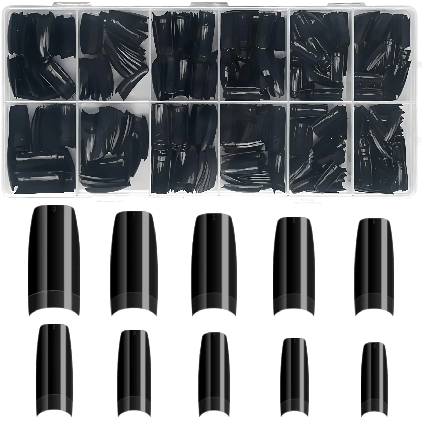 500PCS Black Half Cover Nails Tips, krofaue Lady French Style Acrylic Artificial Tip Manicure with Box of 10 Sizes Black Press on Nails for Nail Tips Art Salons and Home