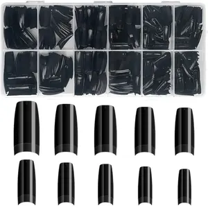500PCS Black Half Cover Nails Tips, krofaue Lady French Style Acrylic Artificial Tip Manicure with Box of 10 Sizes Black Press on Nails for Nail Tips Art Salons and Home