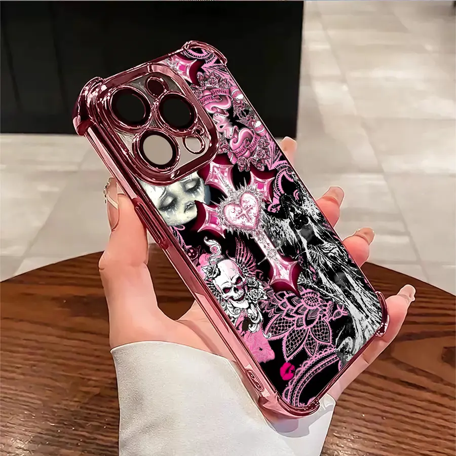 Gothic skull angel cross pink pattern phone case, shockproof Full Cover soft case, can be given to friends or lovers, suitable for iPhone 17/16/15/14/13/12/11/X/XS/XSMAX, a holiday gift for friends, family, and yourself, Accessories, Cellphone, Casing,sum