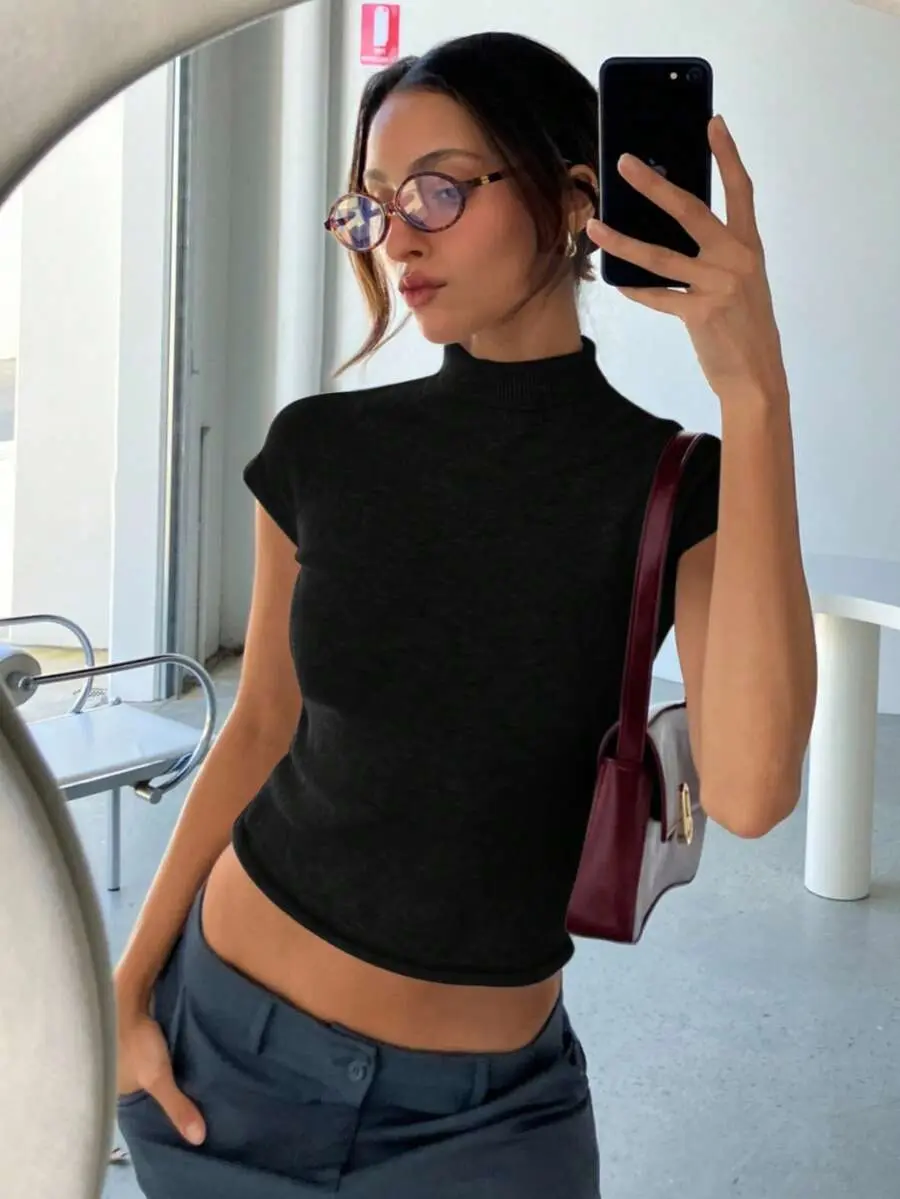 Women's Autumn/Winter Short Sleeve Turtleneck Cap Sleeve Slim Fit Thin Fleece Knit Sweater