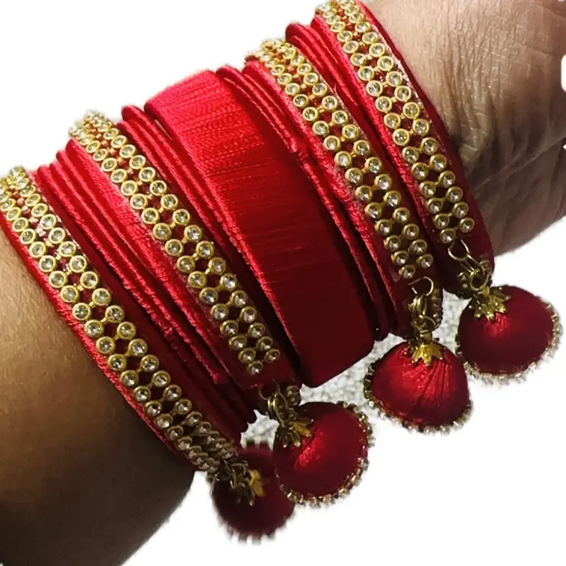 Red Bangles with Latkan - Traditional Red Bracelet Set Featuring Gold Accents and Pom Poms