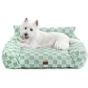 Supportive Pet Sofa Bed for Medium Dogs Sage Green Checkered Easy Clean Couch