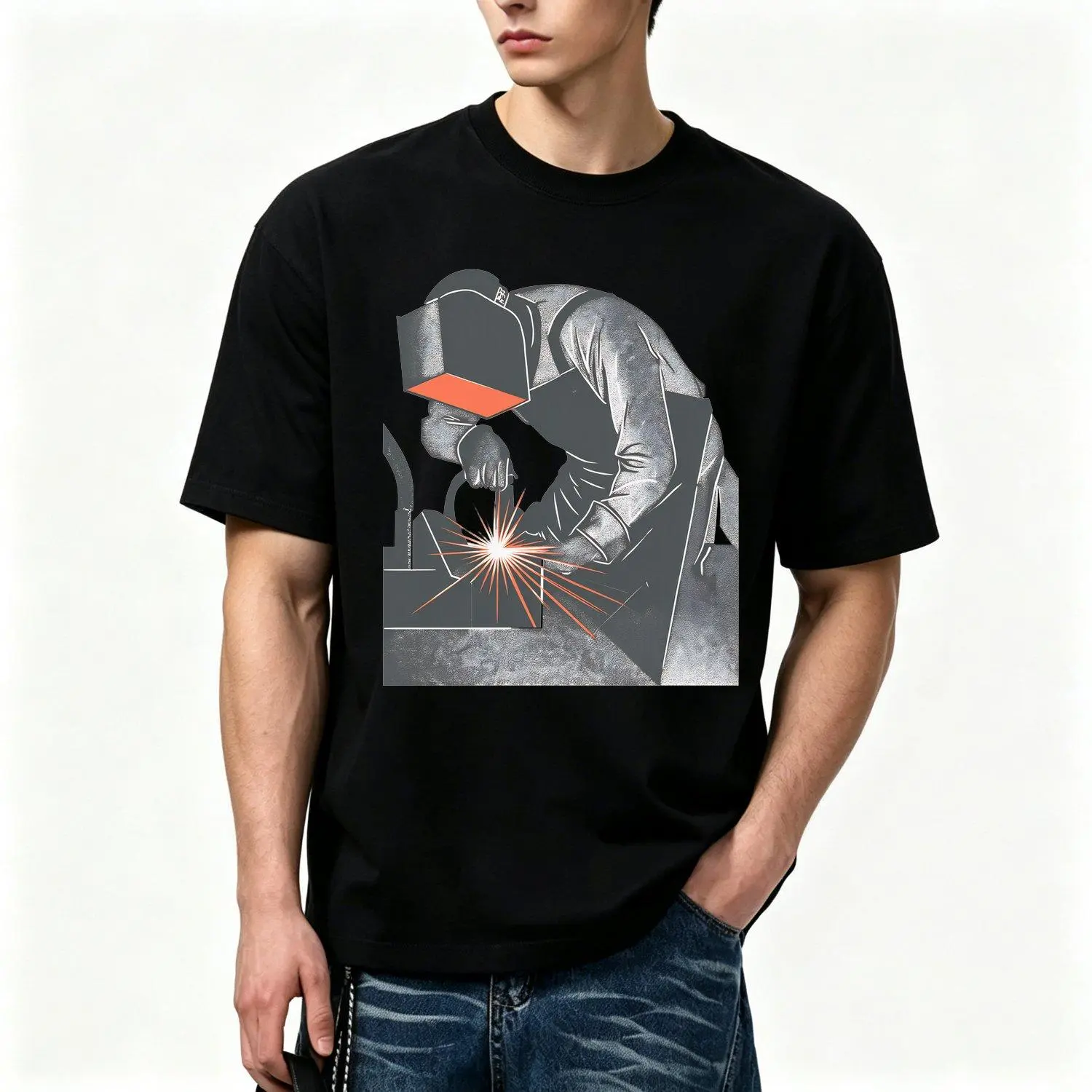 Men's Welder Graphic Tee Industrial Art Shirt Industrial Style Crew Neck T Shirt with Artistic Welding Design Vintage Workwear Inspired Mens Tee Shirt
