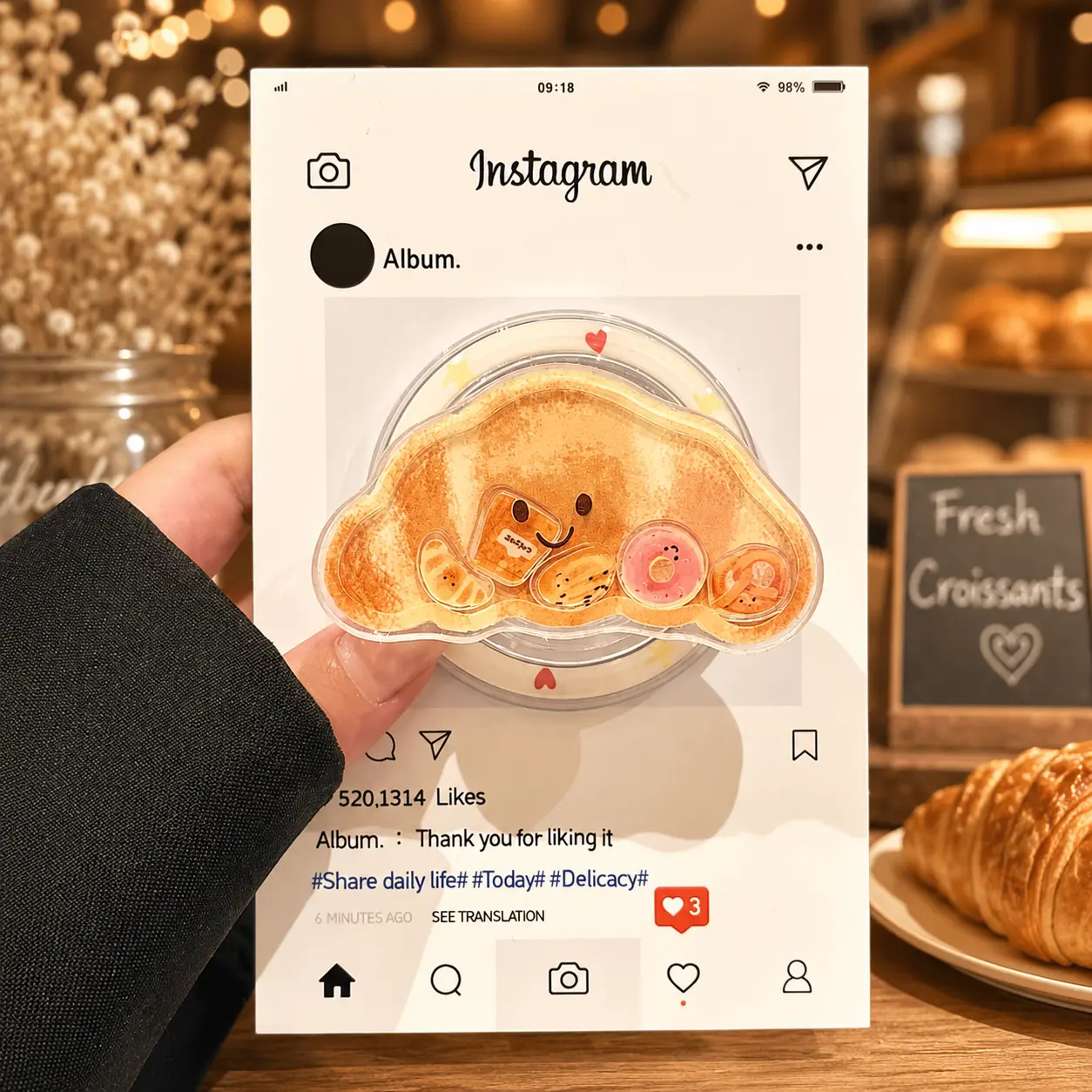 Cute Croissant Shaker Phone Grip, Kawaii Bread & Bakery Griptok, Funny Smiling Pastry Phone Holder & Stand, Aesthetic Foodie Phone Accessory Gift