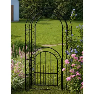 Heavy Duty Steel Garden Arch with Gate and Rust Resistant Finish, Metal Trellis for Climbing Plants, Outdoor Arbor for Weddings Patio Lawn Backyard, Freestanding Easy Assembly, Decorative Garden Archway