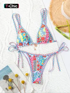 Women's Patchwork Floral Print Colorblock Bikini Set, Boho Tie Back Triangle Swim Bra & Tie Side Swim Thong, Summer Two-piece Swimsuit for Beach Holiday Vacation Swimming, Patchwork Print Bikinis, Bikini Outfits