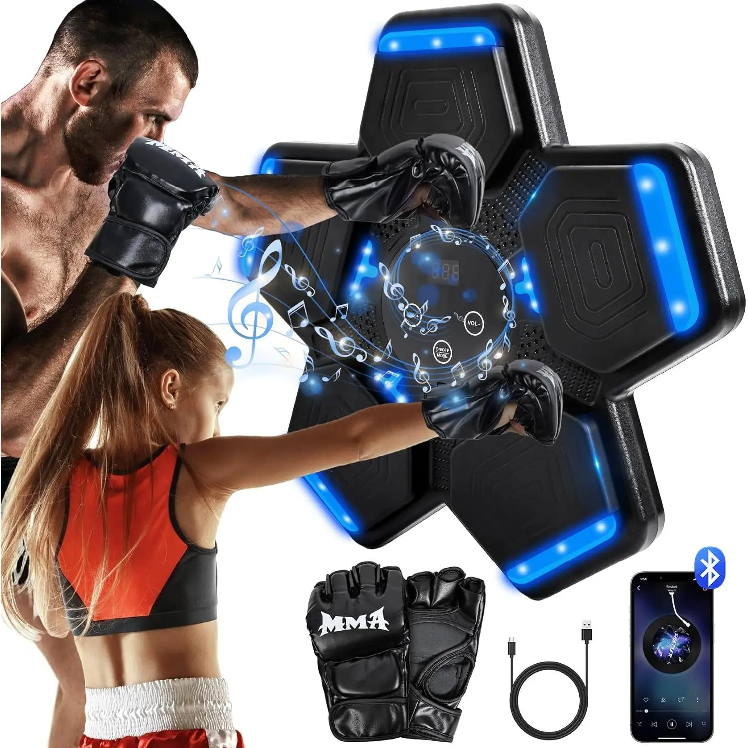 Music Boxing Machine with Velcro Gloves - Adjustable Height Wall-Mount Punching Bag, All Ages Target Workout Equipment for Home, Seniors Abs Training