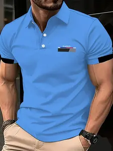 Men's Pink Polo Shirt with PARIS Letter Print, Casual and Business Versatile Style
