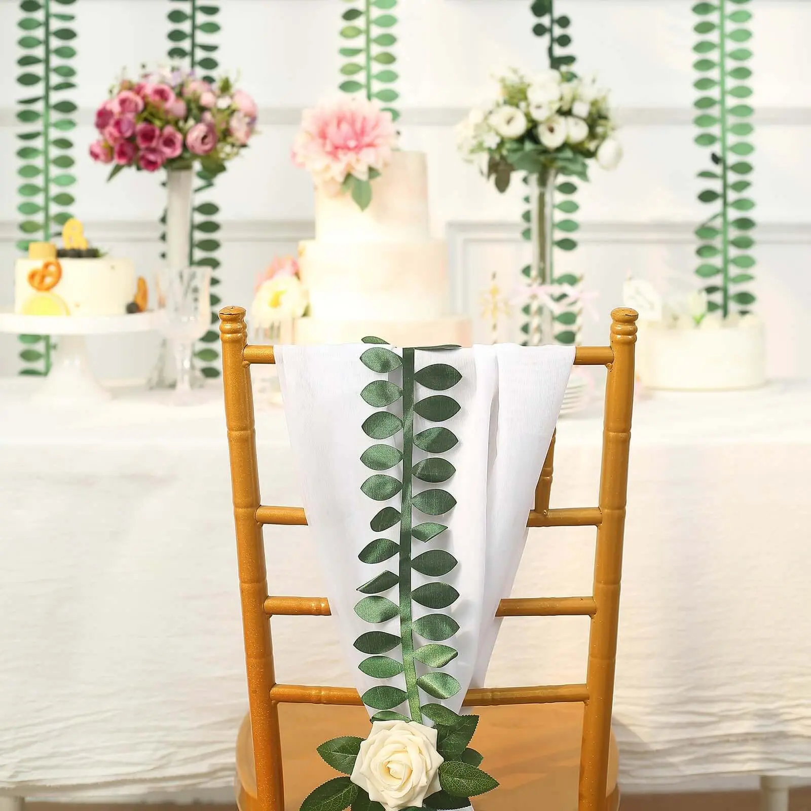 Leaf Petal Taffeta Ribbon Sash Green 50ft 4" - Artificial DIY Fabric Garland