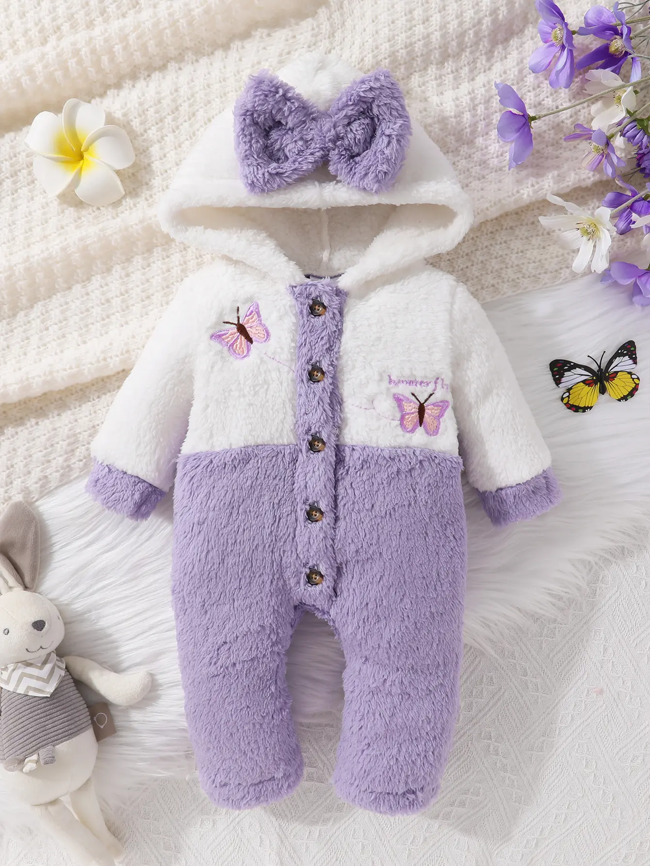 Comfortable And Cute Baby Girl Butterfly Embroidery Color Patch Bow Tie Details Hooded Teddy Bear Jumpsuit, Soft, Comfortable, Warm Baby Clothes Girl Romper
