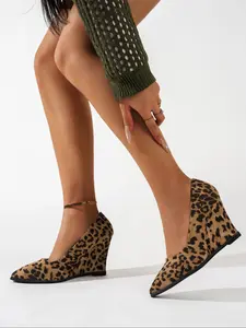 Women's Spring & Fall Leopard Print Slip-On High Heels, Casual Office Shoes, Comfortable Round Toe Design, Perfect for Daily Wear