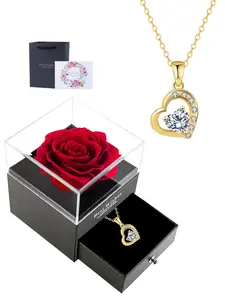 18K Real Gold Plated Heart Necklace With Rose Jewelry Gift Box, Heart Shaped Pendant, Dainty Trendy Everyday Necklace for Women, Birthday Christmas Jewelry Gifts for Wife Girlfriend Mom