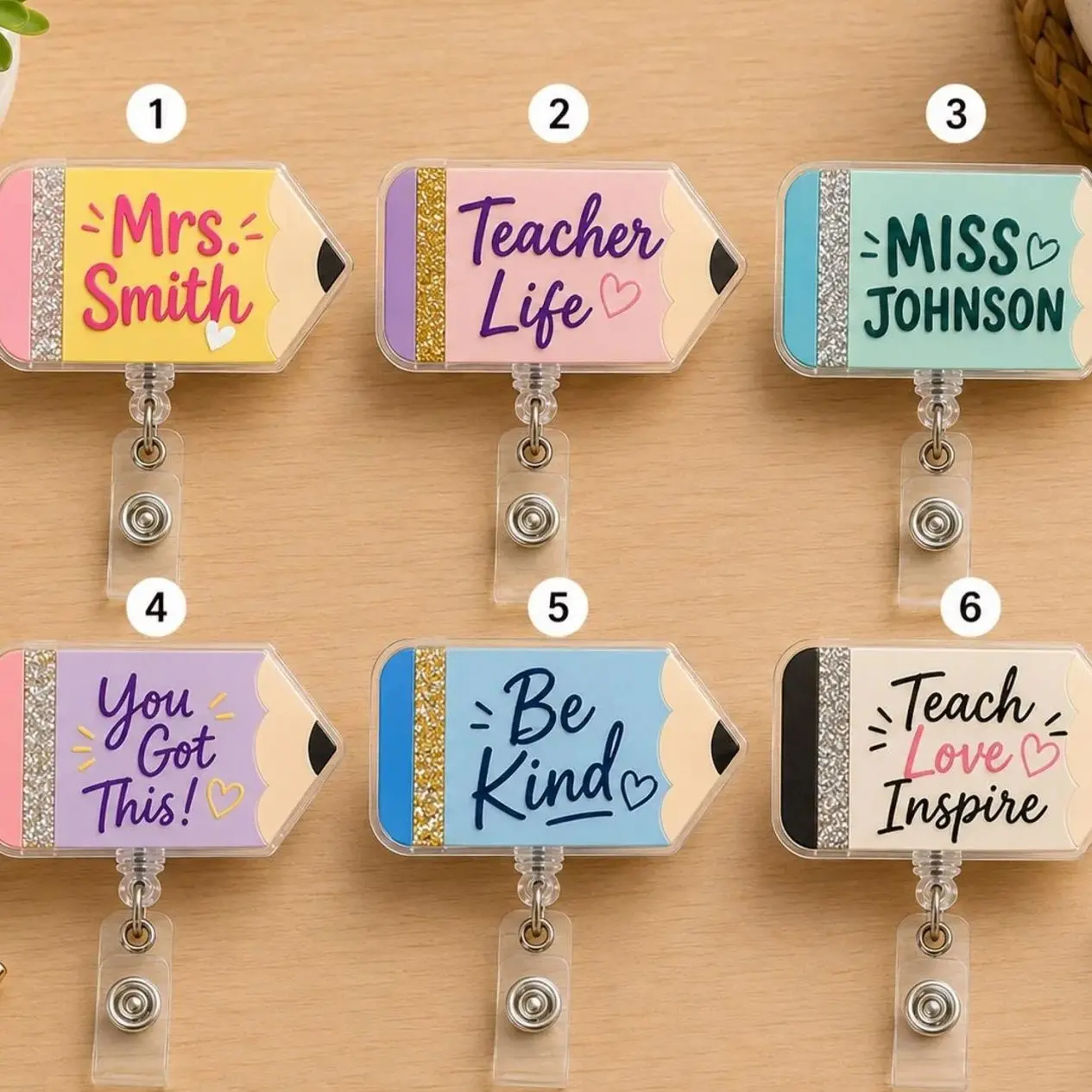 Buy 5 Get 1 Free Personalized Teacher Badge Reel, Custom Name Pencil Badge Holder