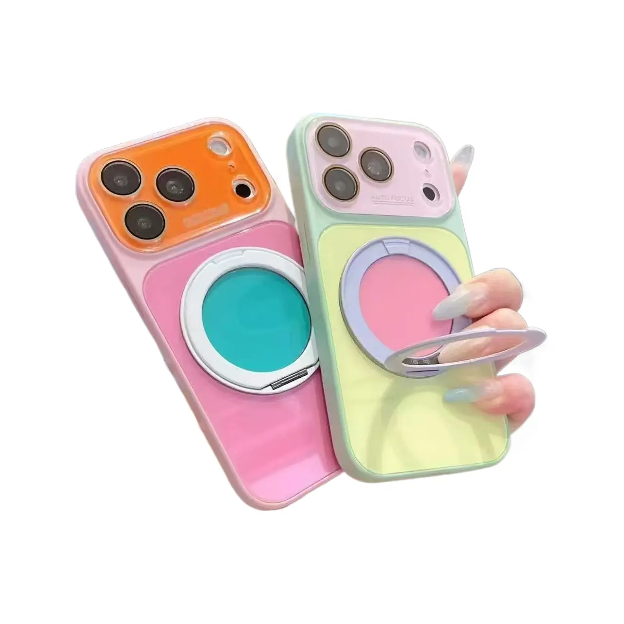 Dopamine Colors Magnetic Case for iPhone 17 16 15 14 Pro Max, with 360 Rotating Ring Stand, Colorblock Glossy Shockproof Cover with Full Camera Protection, Wireless Charging Compatible with MagSafe, Best Gift for Women Girls