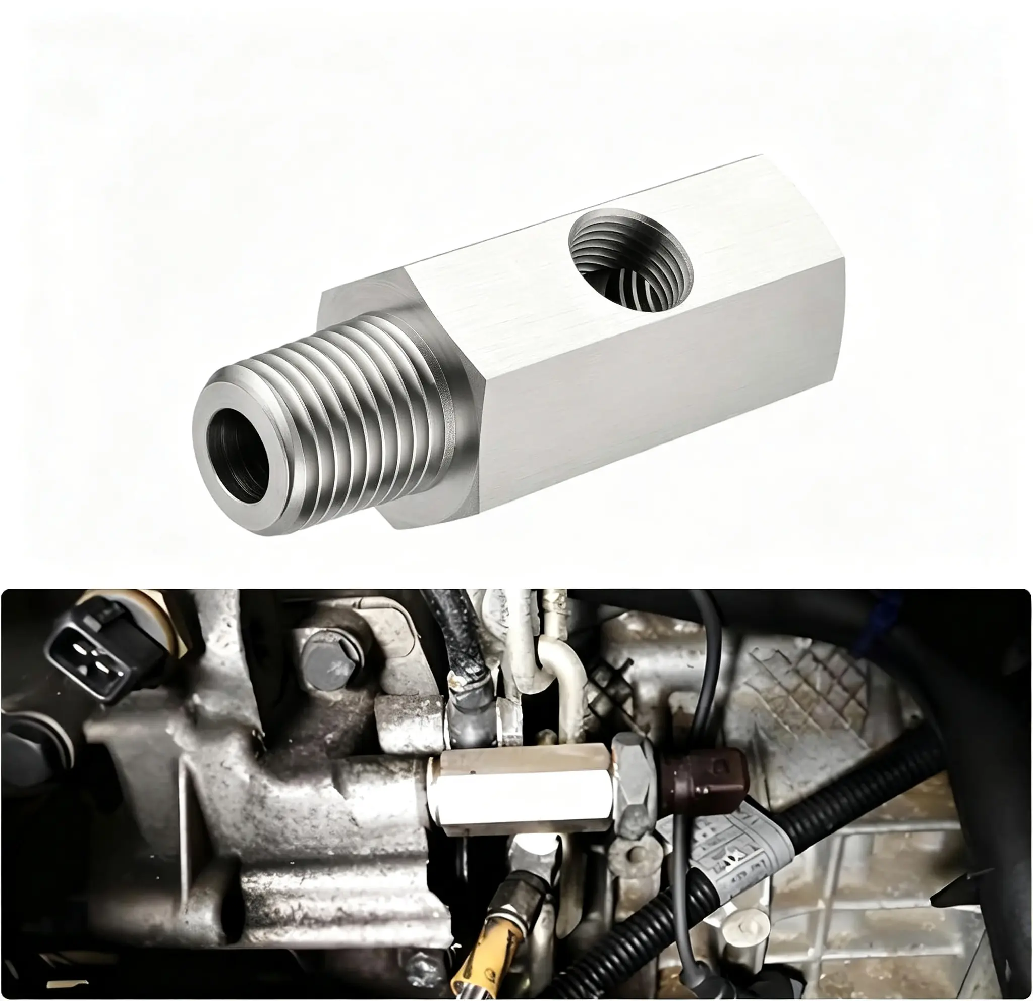 CNC Stainless Steel Sensor Tee Adapter - 1/4 NPT Female-to-Male, 1/8 NPT Female Port, Silver, Dual-Readout Pressure Monitor - Automotive & Motorcycle Oil System Car Repair Tool