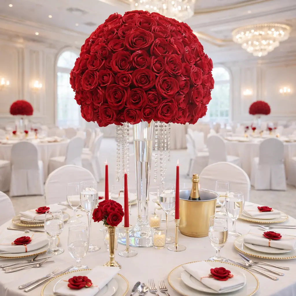 Set of 2 | 23.6″x 17.7″ Artificial Silk Rose Flower Ball【RED】 Decor Decorative Fruit Plants Wedding Floral Ornaments peonies  bouquet