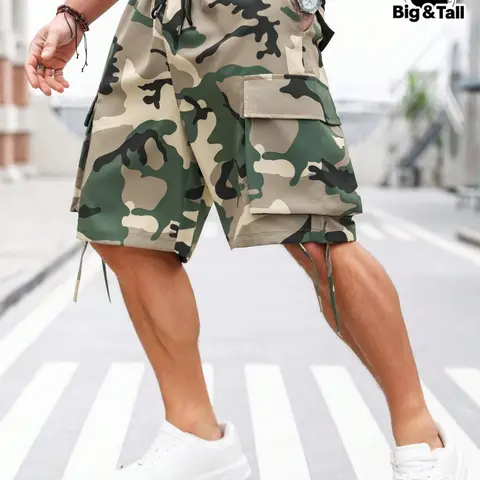 Men's Plus Size Solid Pocket Drawstring Waist Shorts, Adjustable Casual Shorts, Camo Camouflage Regular Fit Casual Loose Comfy Shorts for Summer, Men's Bottoms for Daily Wear