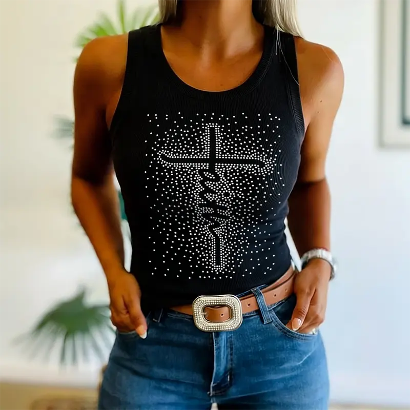 CHICME Women's Rhinestone Letter Ribbed Tank Top Sleeveless Crew Neck Slim Fit Knit Top
