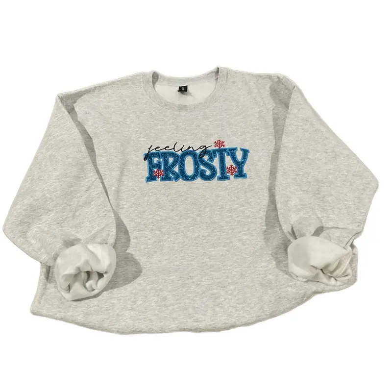 Feeling Frosty  Embroidery with Appliqué sweatshirt womenswear hand made love crewneck Sweatshirt fashion Sweatshirts Casual Long Sleeve Tops Pullover Embroidered Everyday Style Unisex Fit  White Fun Christmas winter