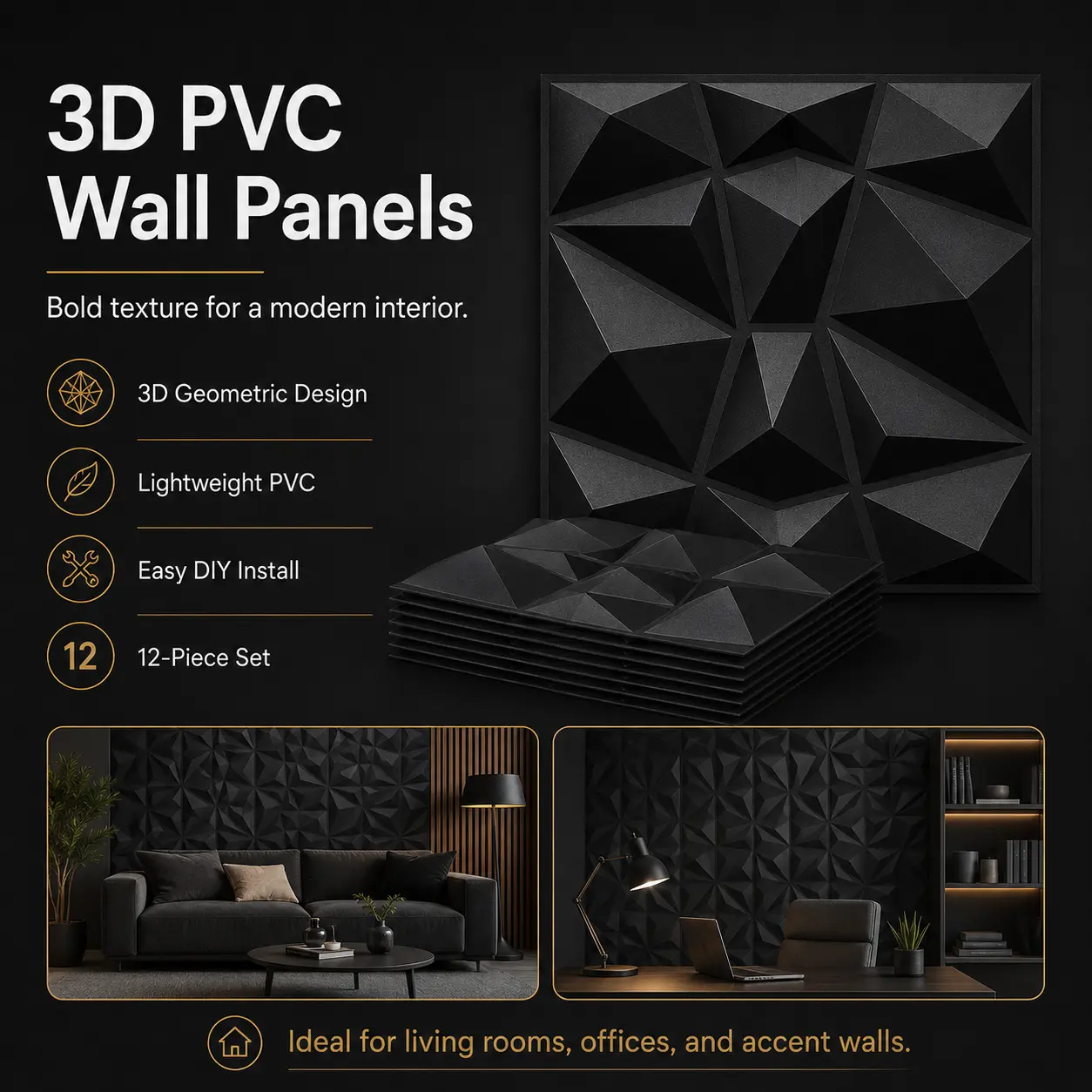 Modern 3D PVC Wall Panels – 12-Piece Decorative Set