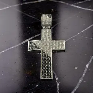Large Iced Out Stainless Steel Cross Pendant – VVS CZ with Black Stones