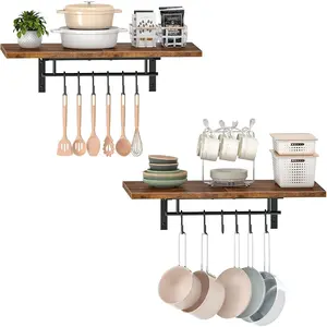 Set of 2 Wall-Mounted Pot Racks, Hanging Pot Rack Floating Wall Shelves, Vintage Pot Hangers for Kitchen Storage, Rustic Brown and Black