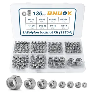 136PCS SAE Lock Nuts Assortment Kit 6-32 8-32 10-32 10-24 1/4-20 5/16-18 3/8-16 1/2-13, 304 Stainless Steel Nylon Insert Locknuts Set