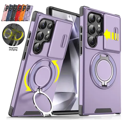 Smartphone Casing for Samsung Galaxy S26, S25 Ultra, S24, S23, S22 - Slim Magnetic Handheld Accessory with Slide Camera Cover, Rotating Kickstand Ring, Military Grade Shockproof Protection for Devices