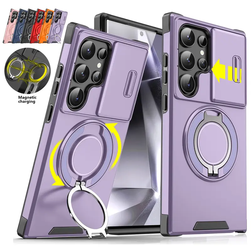 Smartphone Casing for Samsung Galaxy S26, S25 Ultra, S24, S23, S22 - Slim Magnetic Handheld Accessory with Slide Camera Cover, Rotating Kickstand Ring, Military Grade Shockproof Protection for Devices