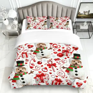 3-Piece Bedding Set, 1 Fitted Sheet + 2 Pillowcases (no Fillers), Snowman Dog Cat Heart Candy Gift Theme, Valentine's Day Romantic Decor