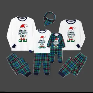 Family Pajama Set Green & White with Plaid Design and Santa's Favourite Elf Print for Cozy Nights ( price per set ( one top and one button only)