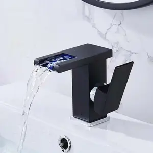 Waterfall Bathroom Faucet with LED Light, Single Hole, 3 Color Changes, Waterfall Sink Tap, Modern Design, Easy Installation, High Arc Faucet