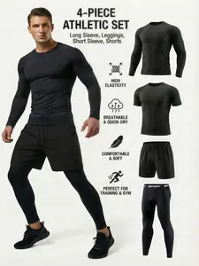 Men's 4-Piece Workout Set Athletic Clothes Athletic Sportswear with Long Sleeve Compression Shirt T-Shirt Shorts Pants, High Elasticity Breathable Quick-Dry, Soft Comfortable for Running Gym Training Sports Quick Dry Activewear Sportswear Clothing