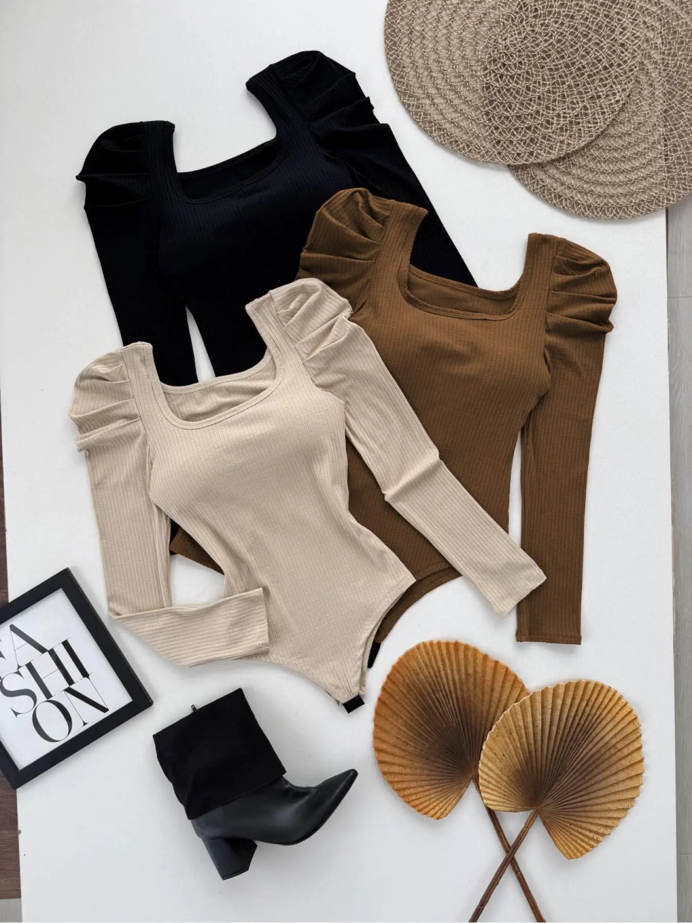 French Vintage Square Neck Bubble Long Sleeve Bodysuit Set, Autumn Winter Tight-Fitting Plain Color Top, Women's Casual Wear, Womenswear, Basic, Outfit