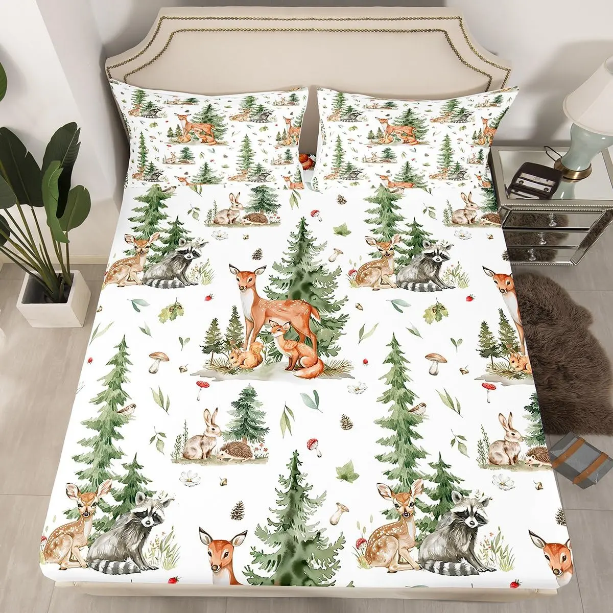 Cute Deer Fox Fitted Sheet,Mushroom Pine Trees Rustic Farmhouse Bedding Set Adults Room Decor,Cartoon Rabbits Hedgehogs Bed Cover,Bright Bed Sheet