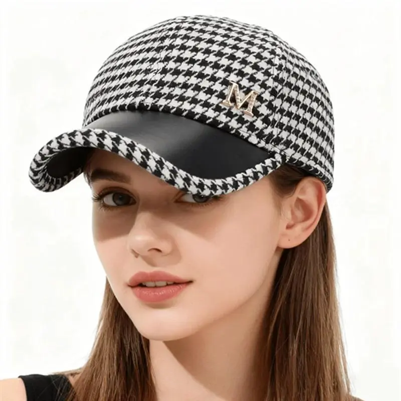 Autumn & Winter New Style Houndstooth Wool Blend Baseball Cap, Women's Versatile Fashion Cotton Hat