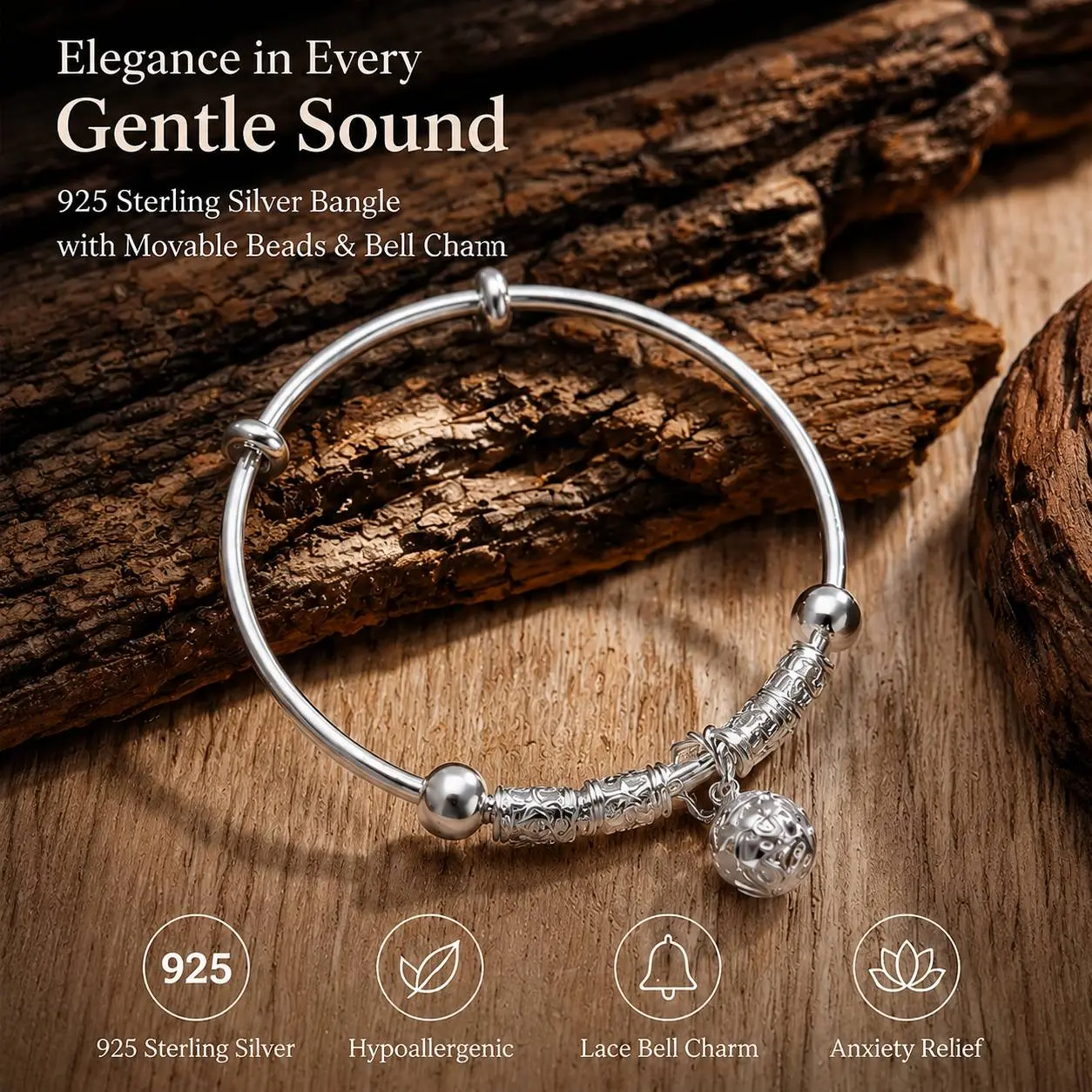 Fidget Bracelet for Women, 925 Sterling Silver Calming Bracelet with Movable Beads & Bell Charm, Anxiety Relief Jewelry Gift