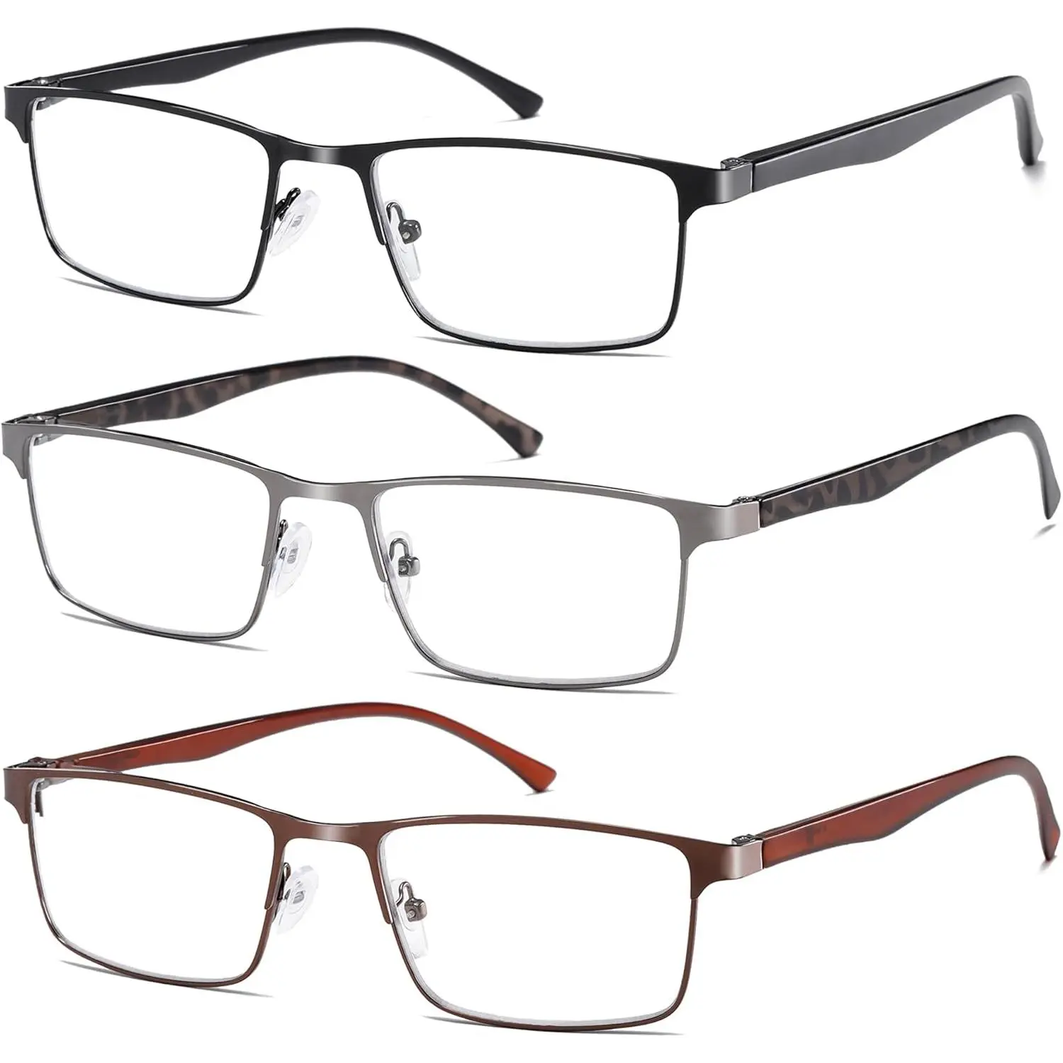 Men's Reading Glasses 3 Pack, Rectangular Stainless Steel Frame, Lightweight & Durable with Blue Light Blocking & Spring Hinges, Lightweight Durable Glasses, Reading Eyeglasses