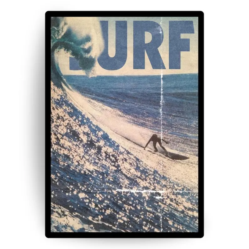 Vintage Surfing Poster Print with Retro Ocean Wave Design and Distressed Typography for Coastal Beach House and Surf Culture Décor
