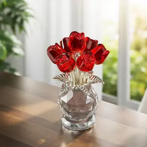 Crystal Red Rose Flower Collectible Figurine with Base Glass Rose Figurine Decor Christmas Paperweight Gift for Women Mom(4.7 * 2.8in)