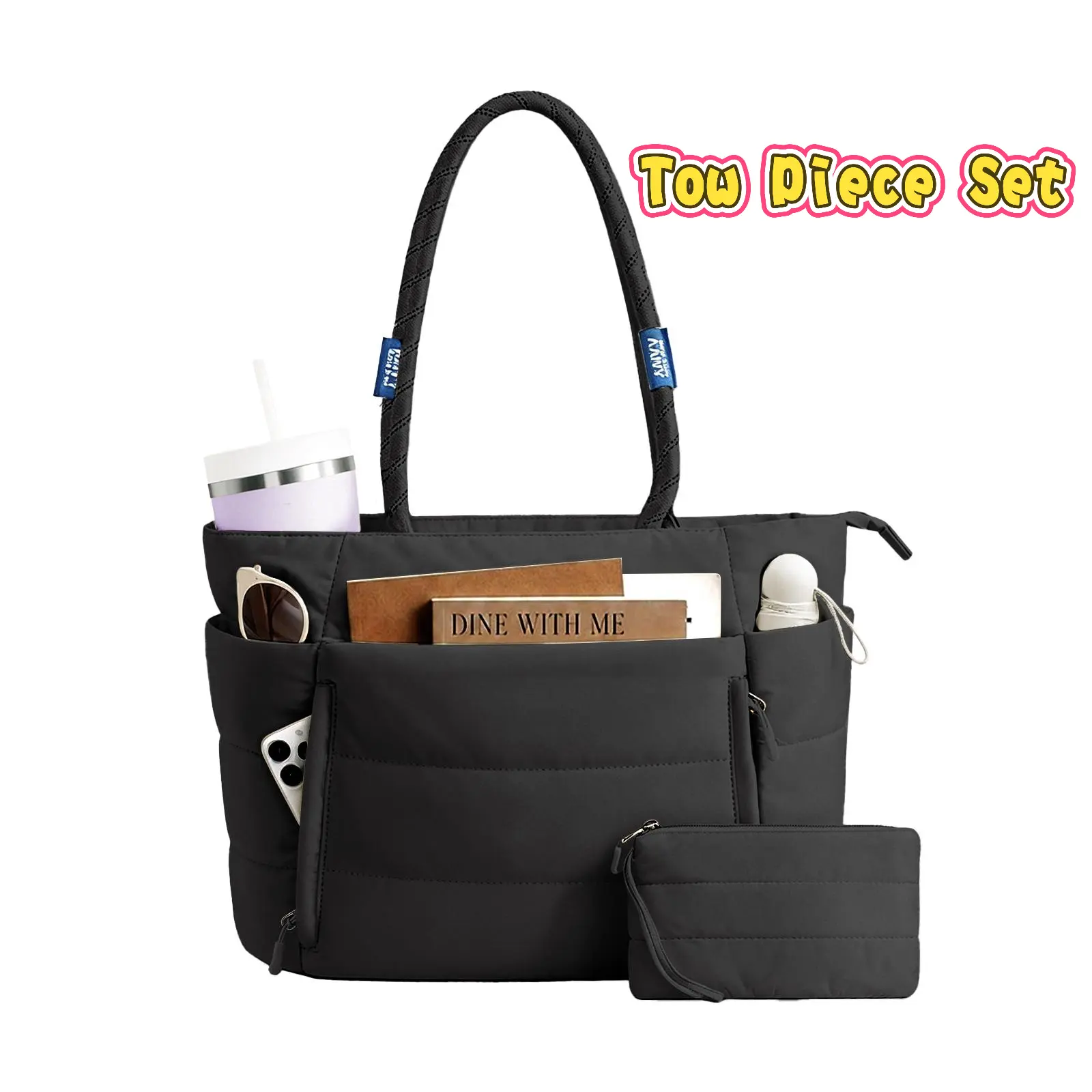 AAIVV Tote Bag for tarvel, Puffy Tote& Leather Work Bag, Laptop Shoulder Handbag with Compartments for Business, Travel, Gym & Shopping