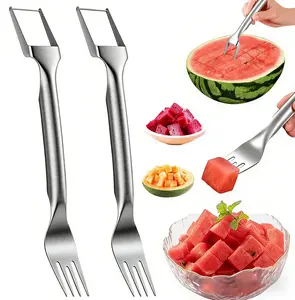 Watermelon Fork Slicer Cutter, 2PCS Stainless Steel 2-in-1 Watermelon Cutter, Portable Watermelon Fork Watermelon Cutter Slicer Tool Fruit Forks Slicer for Home Party Camping Kitchen Gadget