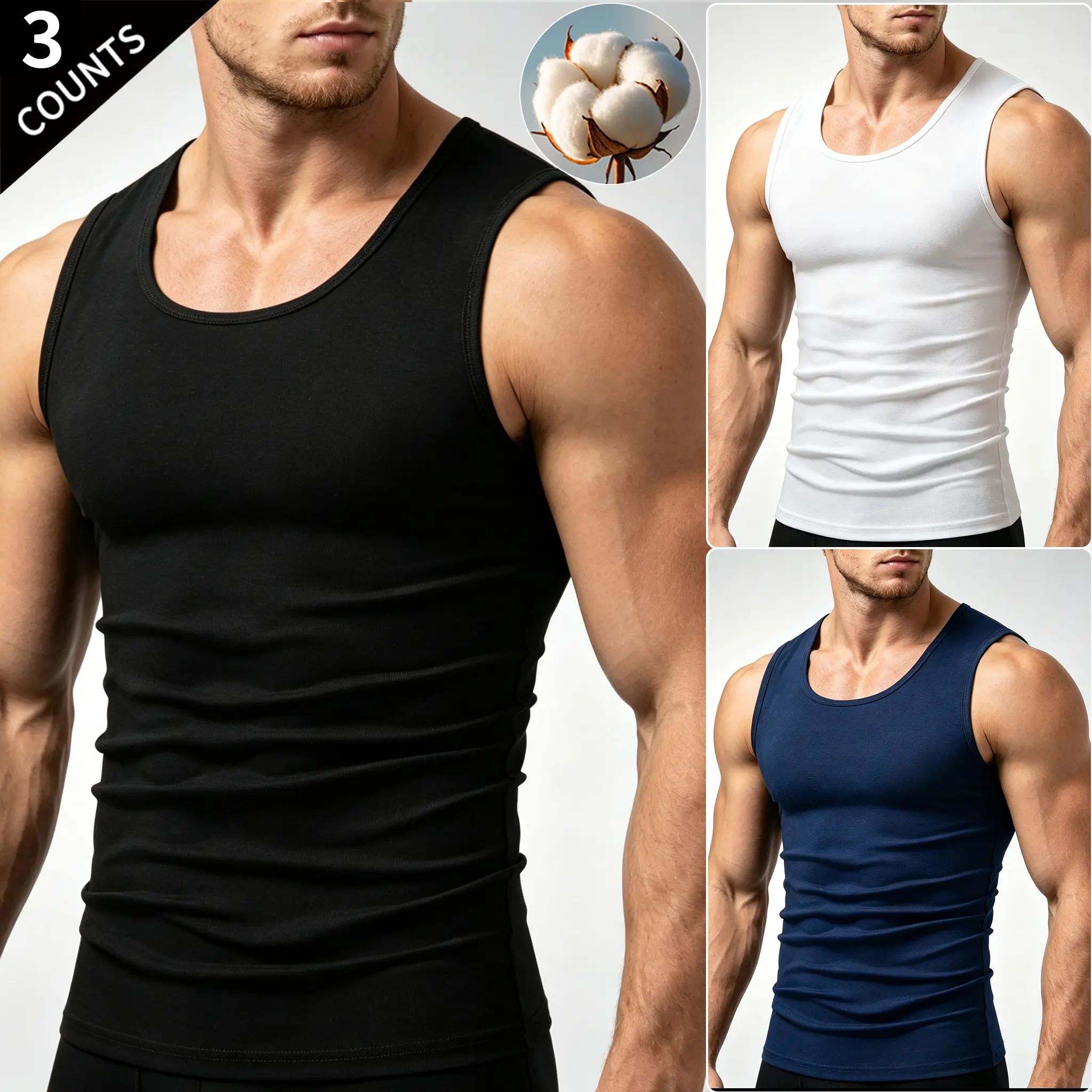 Men's Multi-Purpose Sleeveless Undershirts, 3-Pack Tank Tops Pack - Slim Fit, Stretch Fabric, Breathable Athleisure Vests for Gym, Sportswear #SohoChic